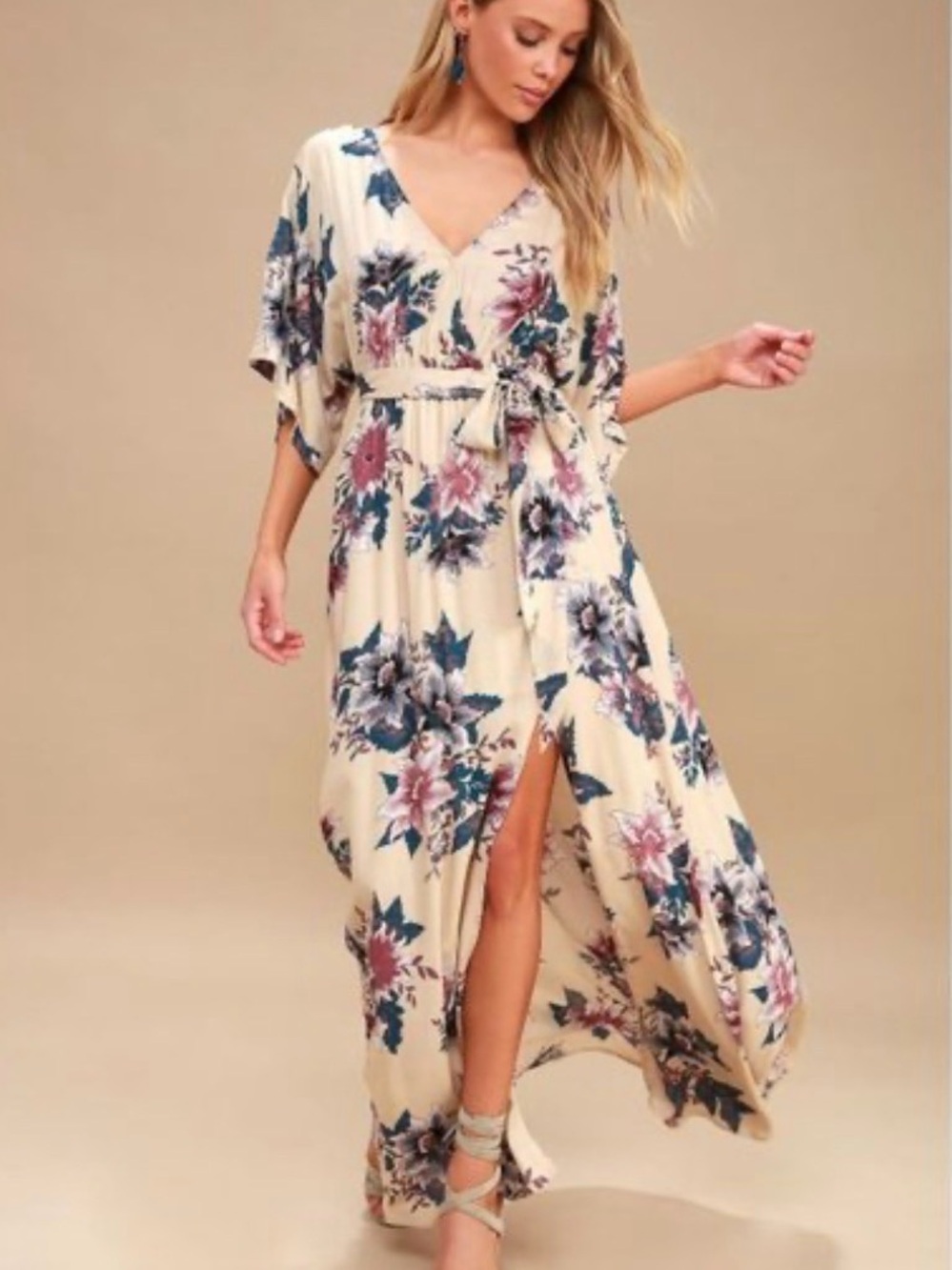 Lulu's Cream Floral V-Neck Maxi Dress with Tie